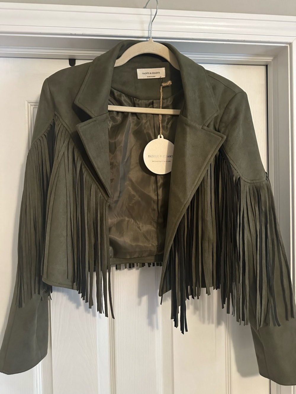 Fringed Suede Jacket in Olive green- Women's Suede Jacket